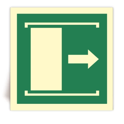 E033 - Panneau Faire coulisser la porte vers la droite pour ouvrir photoluminescent - ISO 7010 - FlashTide