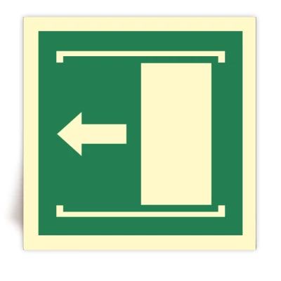E034 - Panneau Faire coulisser la porte vers la gauche pour ouvrir photoluminescent - ISO 7010 - FlashTide